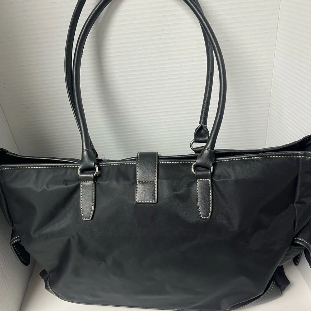 Black Nylon Etienne Aigner Diaper/Gym Tote Bag Vegan leather trim long handle Lg